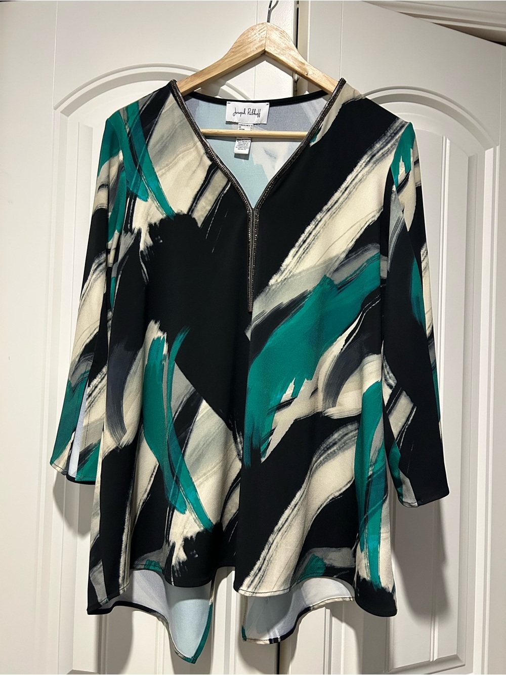Joseph Ribkoff Teal & Black Abstract Top Size 10